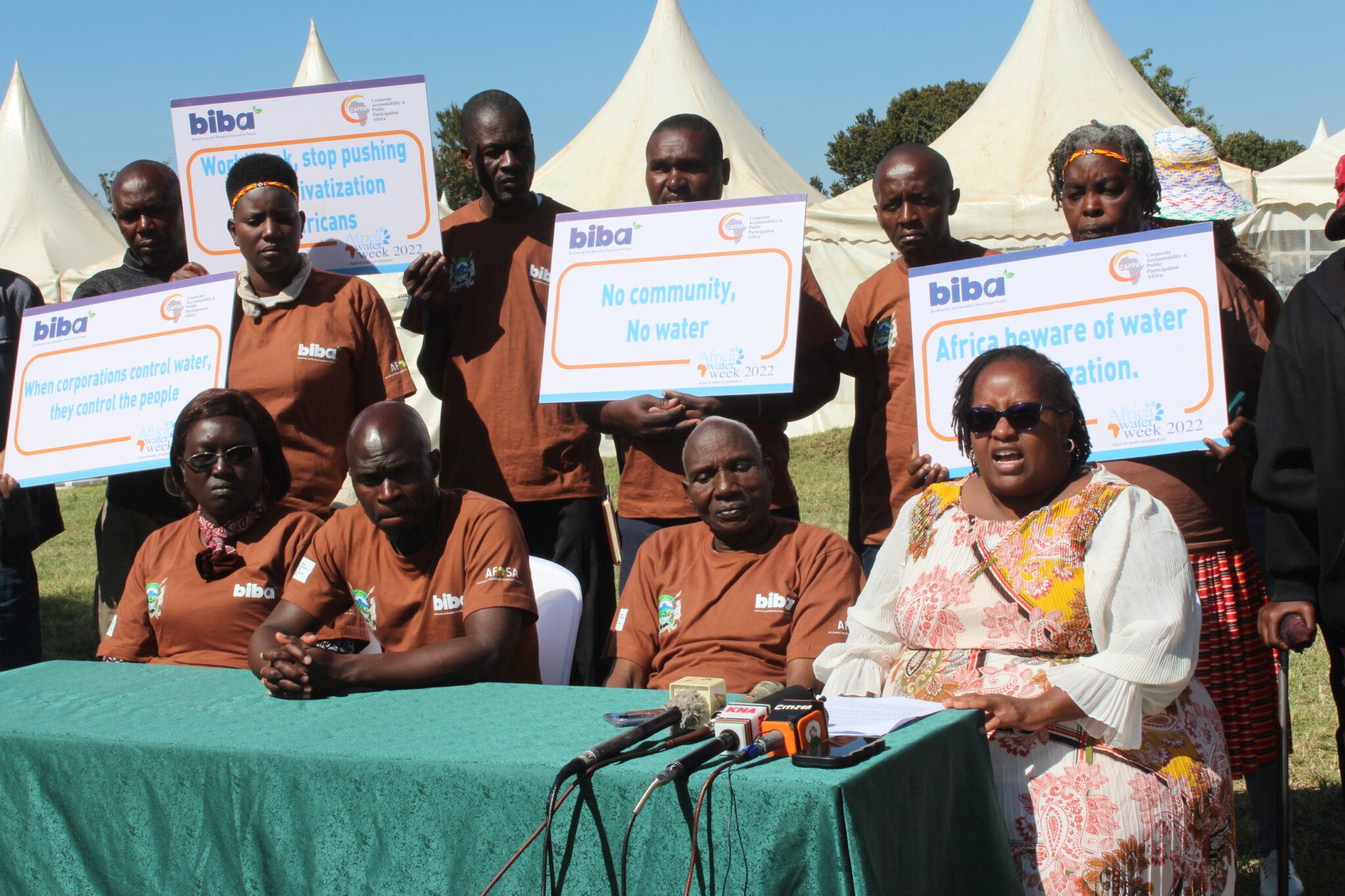 Members of Bio-diversity and Bio-safety Association of Kenya led by national co-ordinator Anne Maina (right) during a press briefing in Nanyuki, Laikipia county, on October 15, 2025